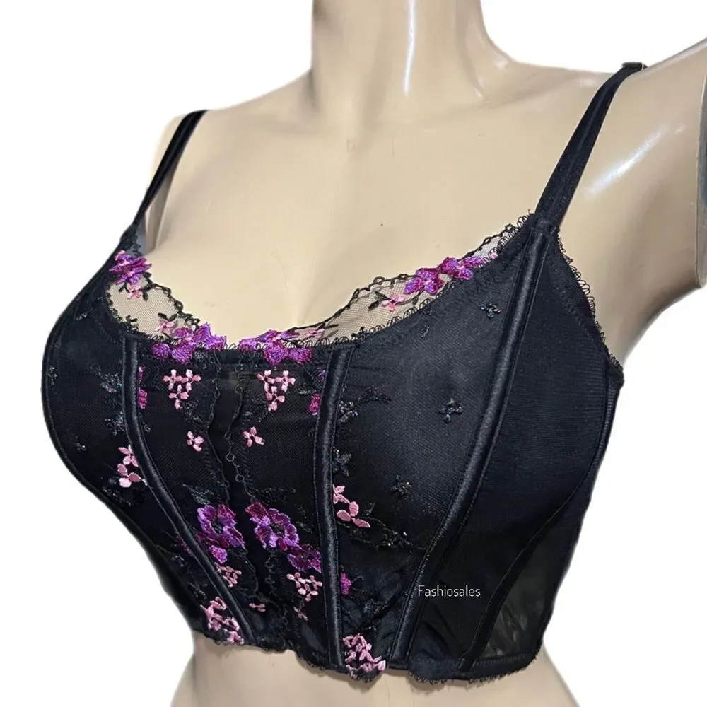 Victorias Secret Very Sexy Unlined Black Floral Embroidery Corset Top